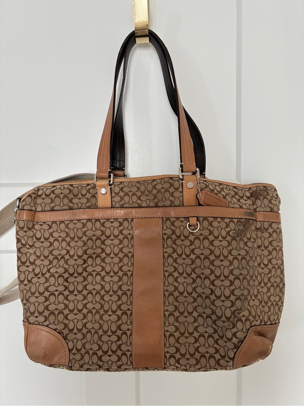 Coach Signature Canvas Laptop Tote Bag in Brown with Tan Leather Trim - Picture 1 of 16